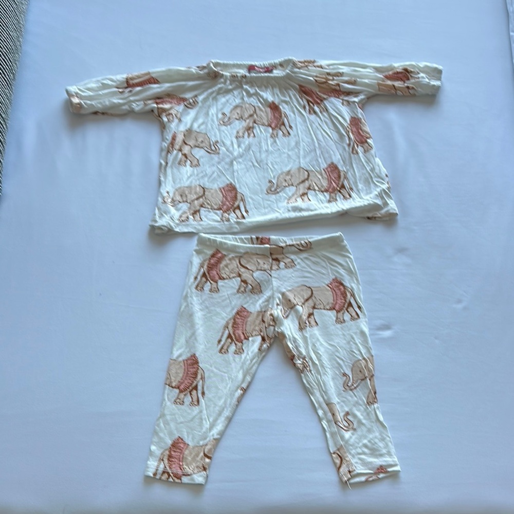 Milkbarn Kids Pajama Set with Elephant Design - Cream and Brown